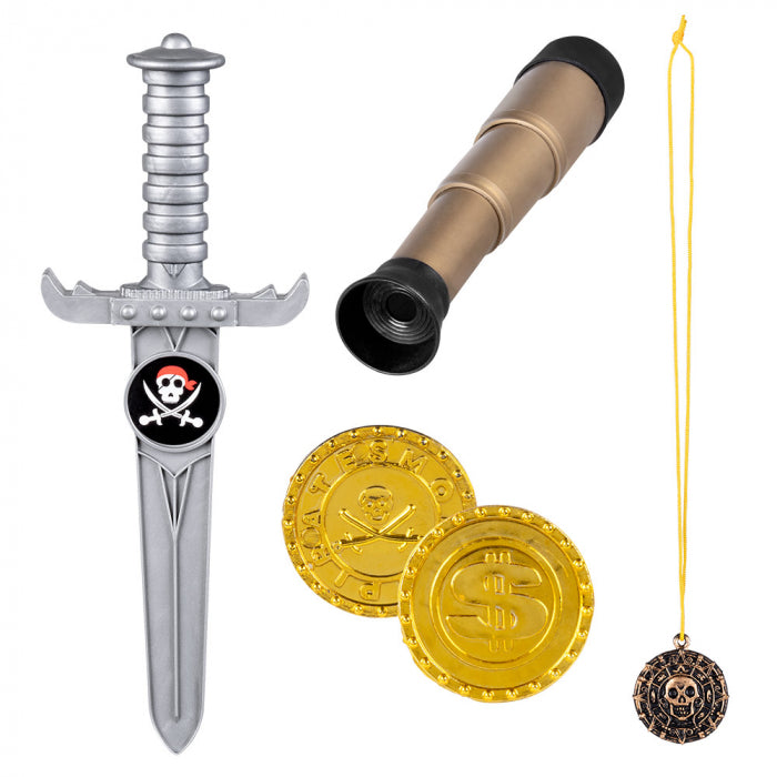 Set of pirate accessories (telescope 18 cm, dagger 23 cm, amulet and 2 coins)