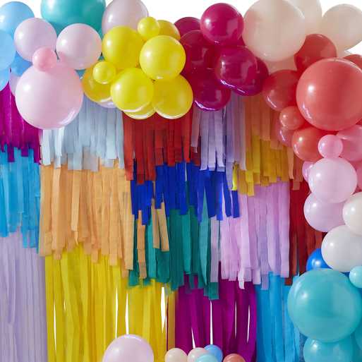 Colorful balloon garland with 115 balloons and decorations