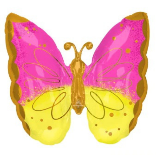 გიგანტური ფოლგირებული ბუშტი პეპელა ვარდისფერ-ყვითელი 63 cm x 63 cm